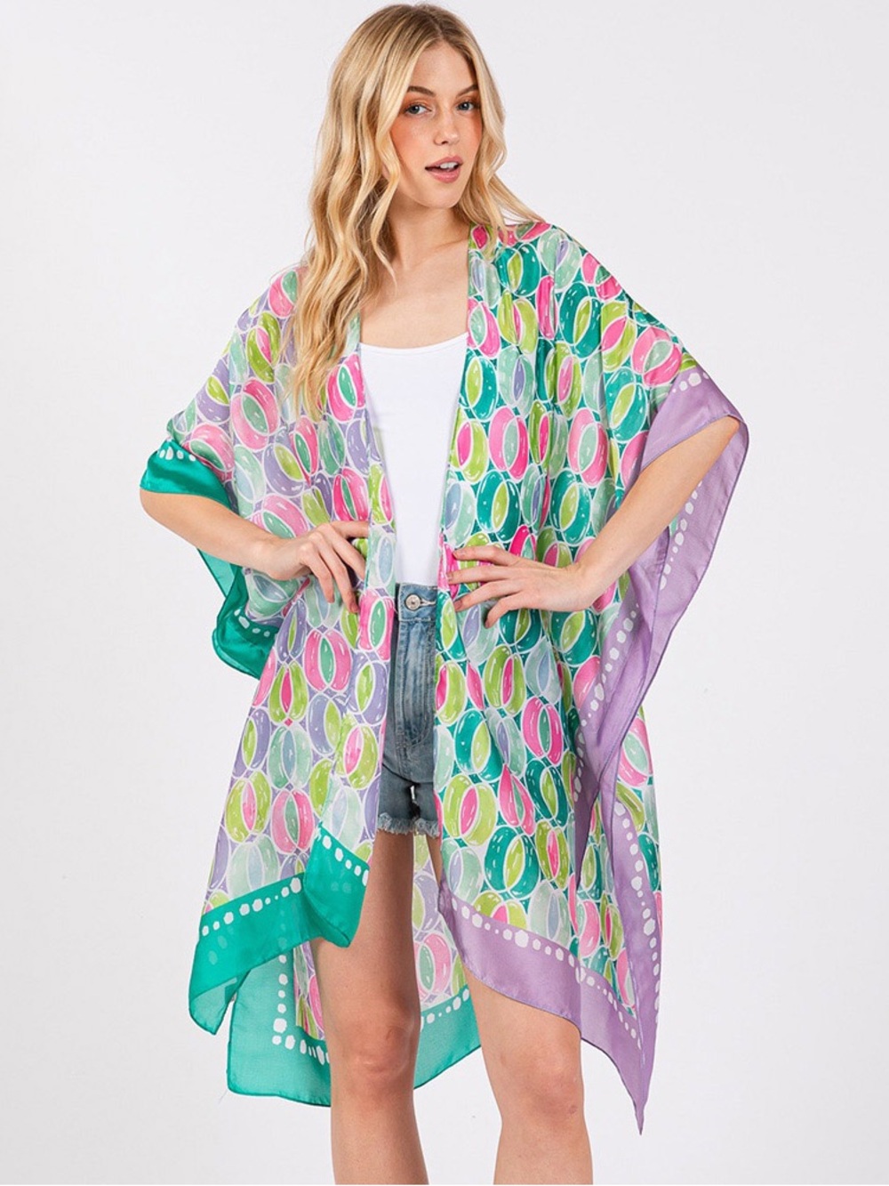 Colorful Pastel Circle Print Kimono Cover-Up